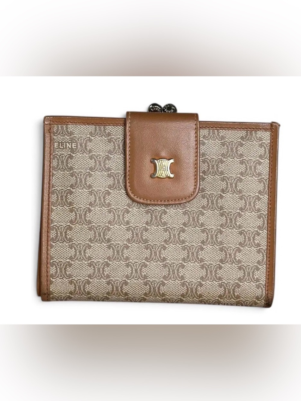 Celine Beige & Brown Triomphe Canvas Snap Wallet
